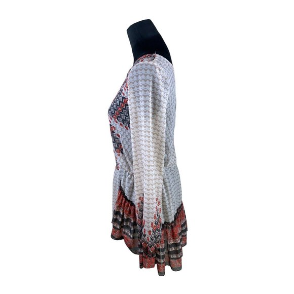 Free People Boho Geometric Chiffon Tunic Blouse Deep V-Neck SZ S Balloon Sleeves - Picture 3 of 8